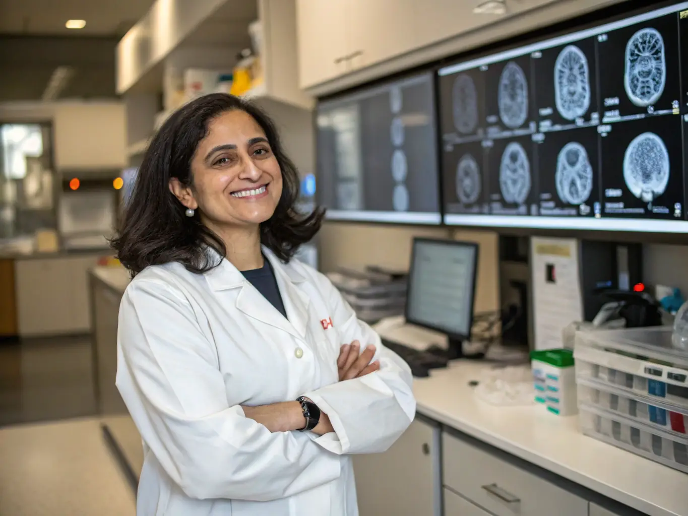 A professional headshot of Dr. Anya Sharma, a leading AI researcher, presenting at a tech conference, with a focus on her engaging presentation style and the attentive audience.