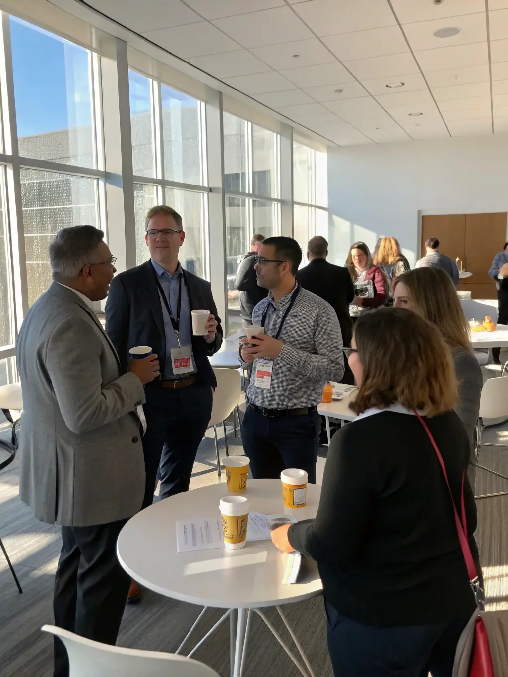 A diverse group of tech professionals networking during a coffee break at a tech conference, emphasizing collaboration and connection.