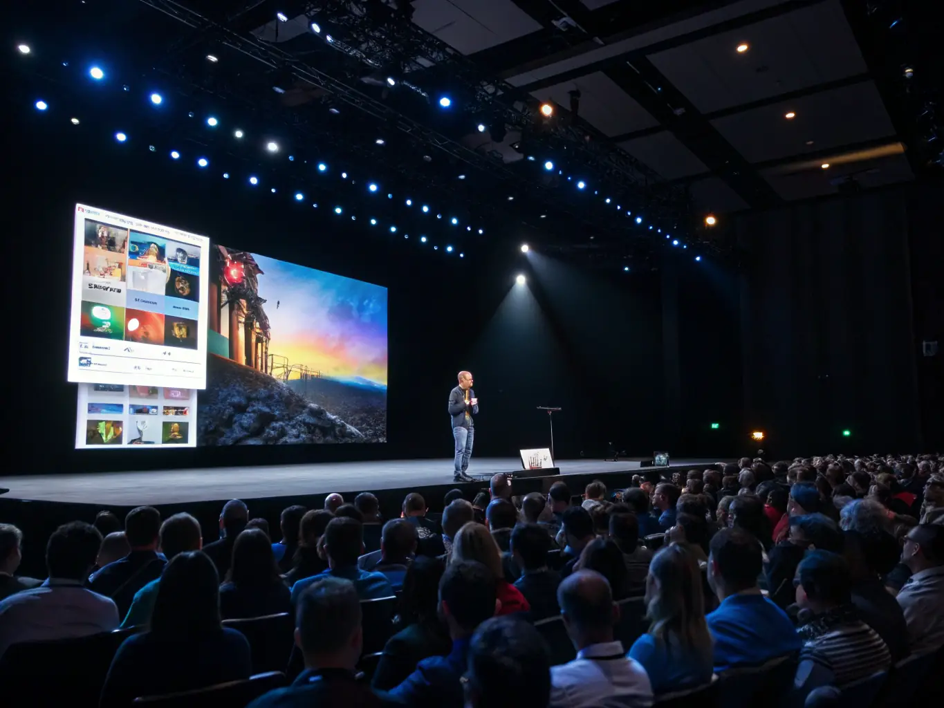 A dynamic shot of a keynote speaker passionately addressing a large audience at TechSummitUK, emphasizing the energy and engagement of the event.