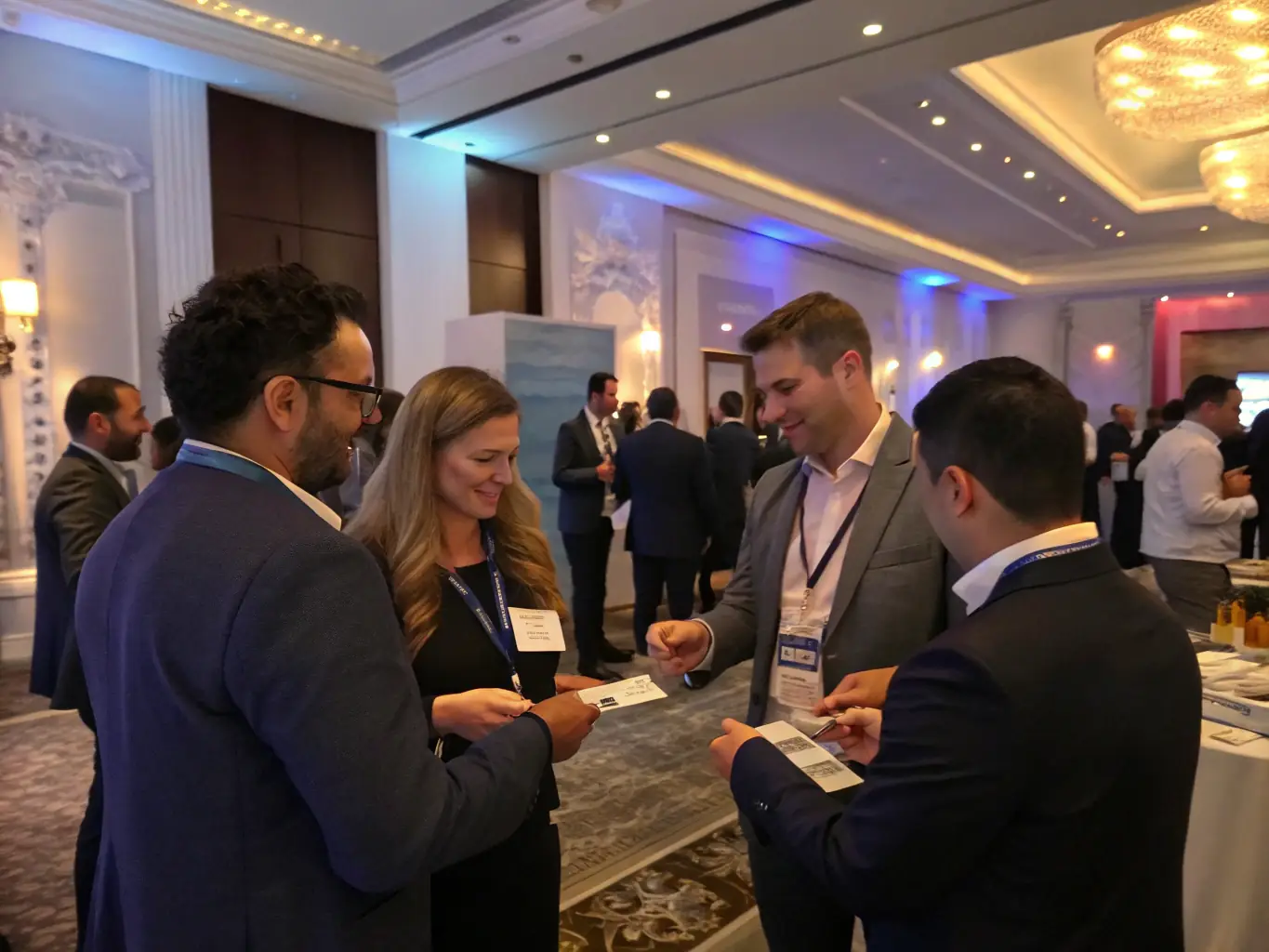 A photograph capturing a lively networking session at TechSummitUK, showcasing professionals connecting and collaborating in a modern conference setting.